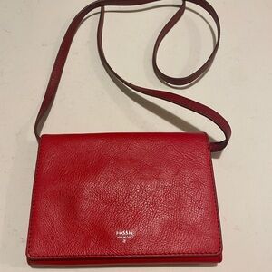 Fossil Bright Red Genuine Leather Crossbody Bag